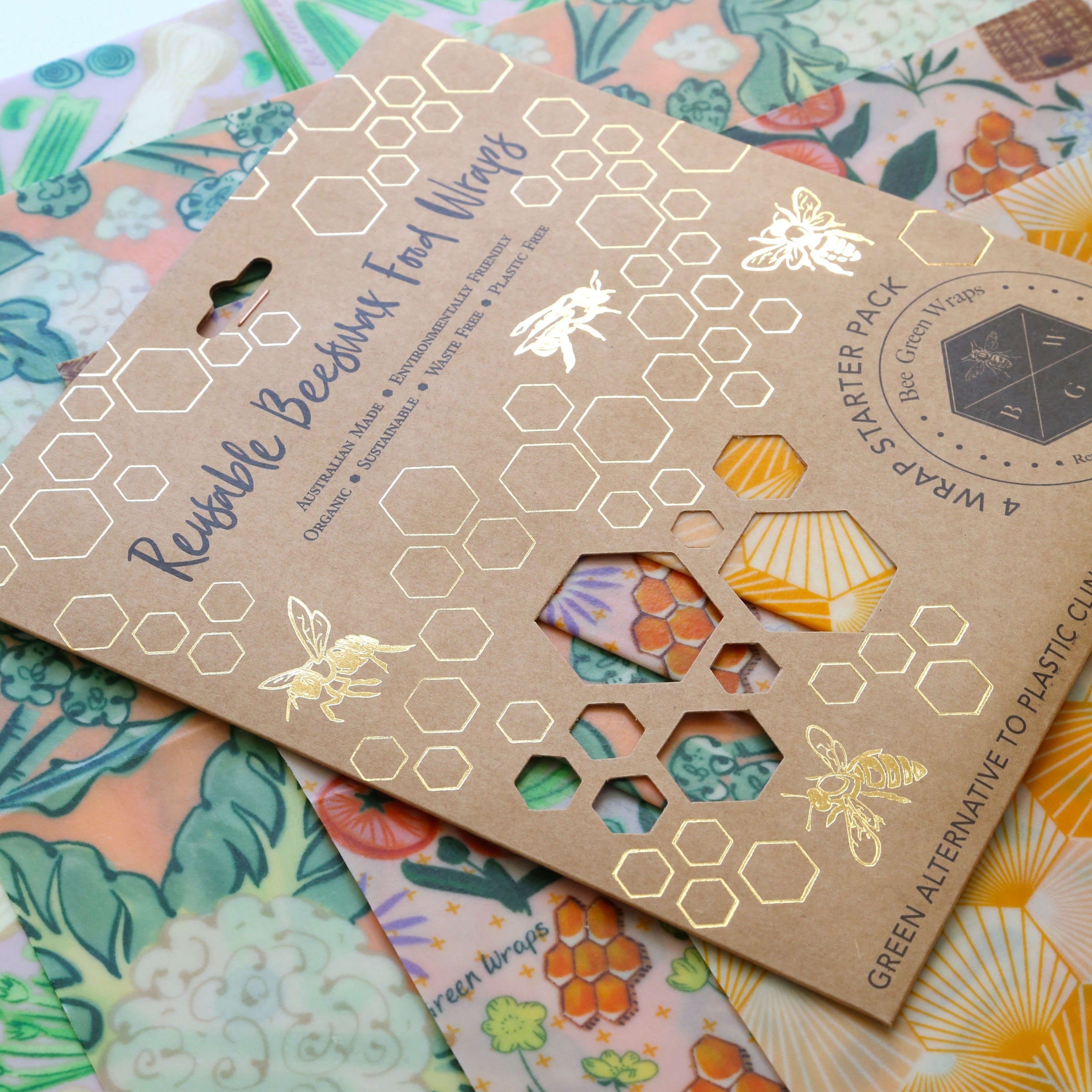 Beeswax Food Wrap, 4 Wrap Starter Pack (S, M, L, XL)