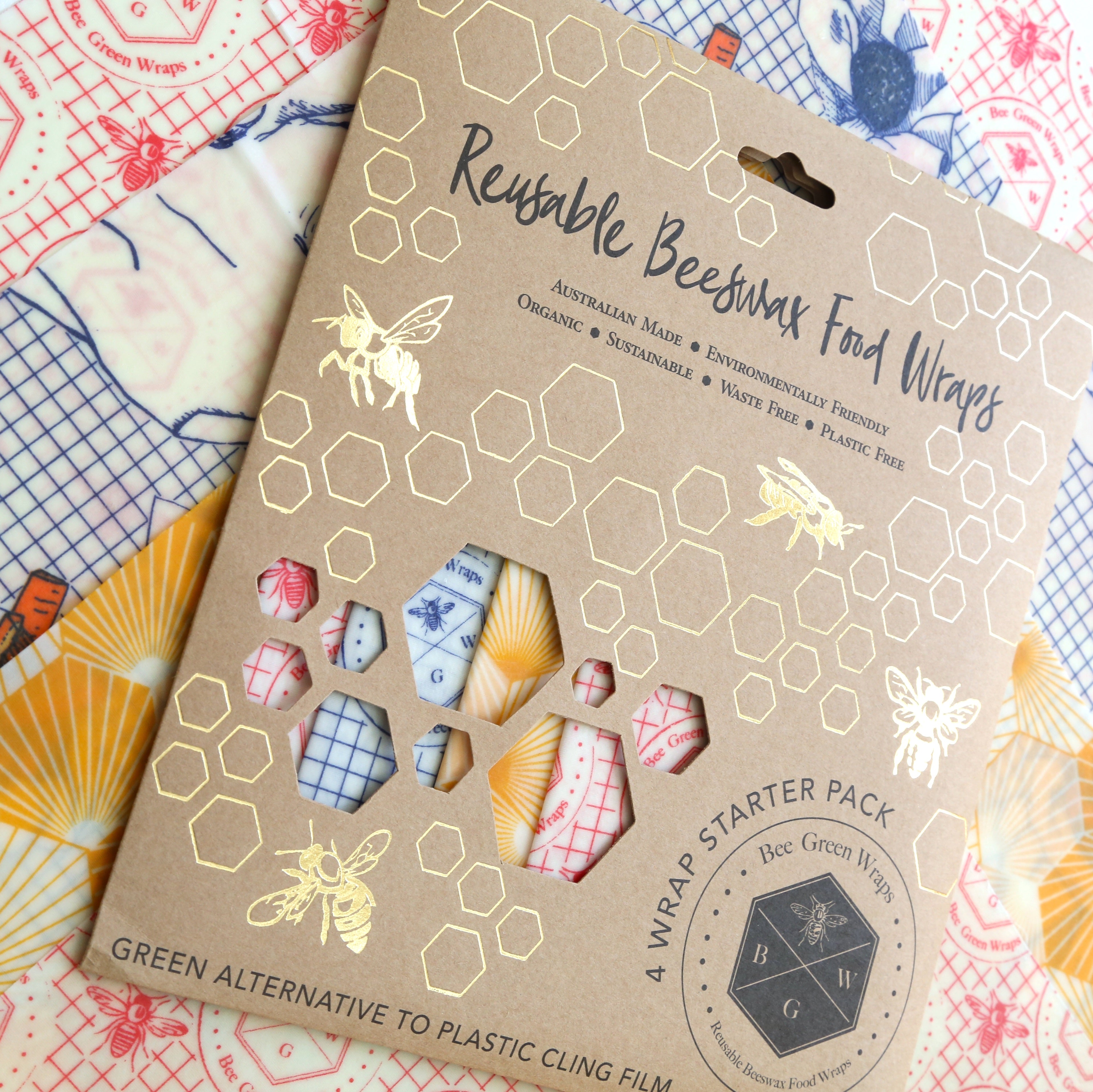 Beeswax Food Wrap, 4 Wrap Starter Pack (S, M, L, XL)